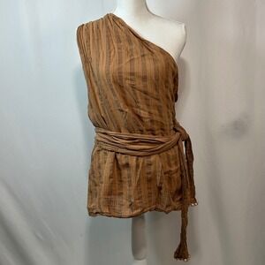 ZARA One Shoulder Top Brown Striped Beaded Tie Waist Flowy‎ Blouse L Boho Chic
